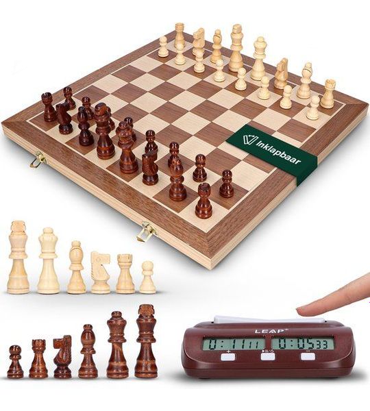 WILLSTORE Magnetisch Schaakbord - Inklapbaar met Schaakstukken & Schaakklok