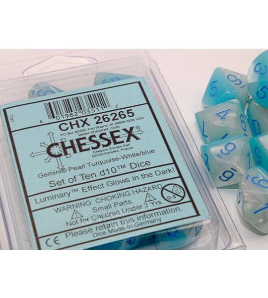 Chessex Gemini Parel Turquoise-Wit/Blauw Lichtgevende Dobbelsteenset (10 stuks)