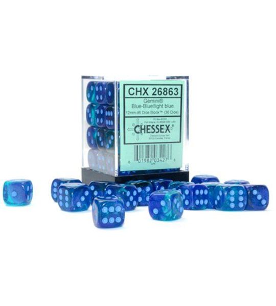 Chessex Gemini Blue-Blue/light blue Luminary D6 12mm Dobbelsteen Set (36 stuks)