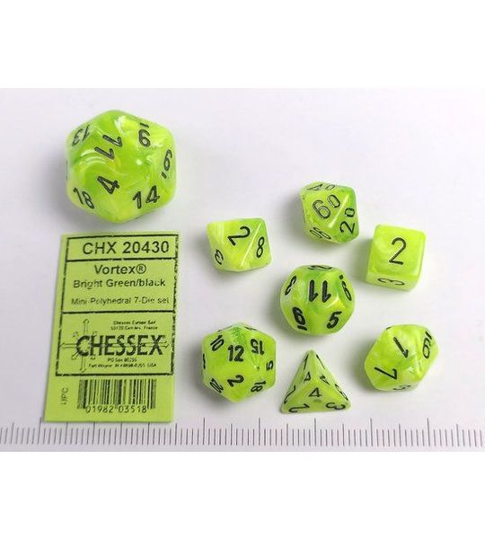 Chessex Vortex Mini-Polyhedral Heldergroen/Zwart Dobbelsteen Set (7 stuks)