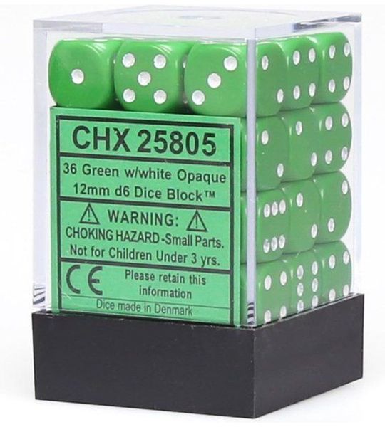 Chessex Opaque Groen/wit D6 12mm Dobbelsteen Set (36 stuks)