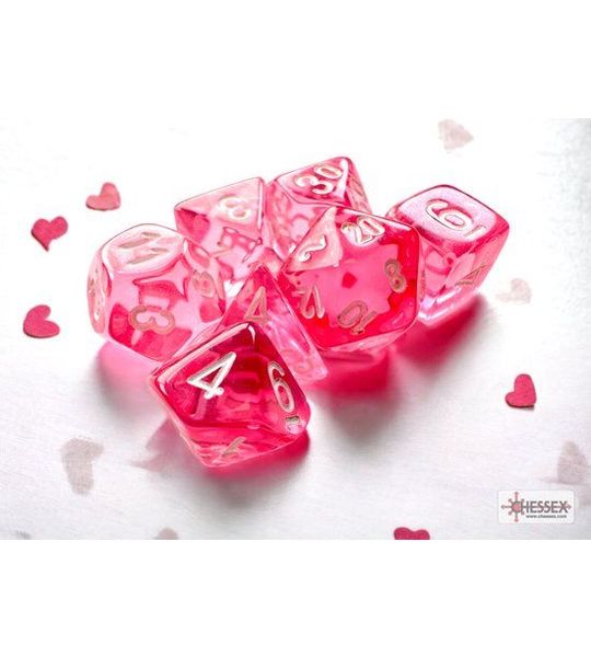 Chessex Translucent Mini-Polyhedral Pink/white Dobbelsteen Set (7 stuks)