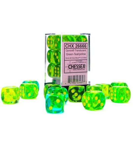 Chessex Gemini Translucent Green-Teal/yellow D6 16mm Dobbelsteen Set (12 stuks)