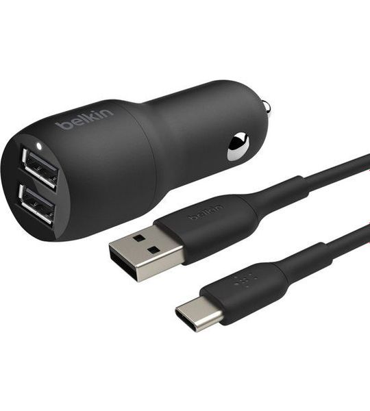 Belkin Dual USB-A Car Charger 24 Watt met PVC USB-A-naar-USB-C-kabel 1 Meter Zwart