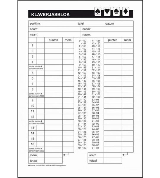 Kaartspel Klaverjassen scoreblok 50 vellen A5