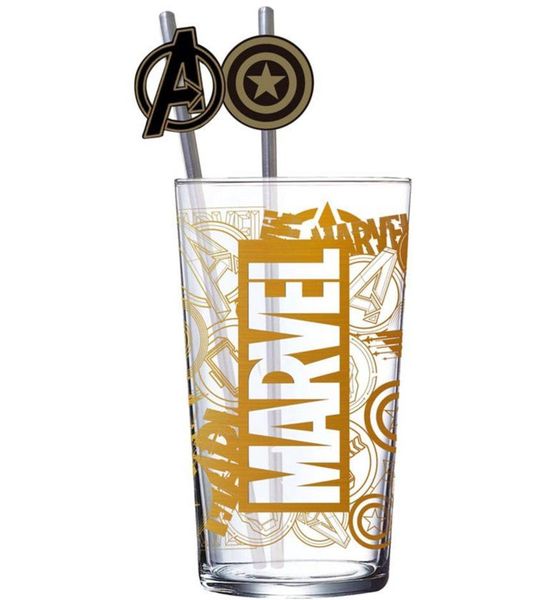 Marvel Glass Tumbler with Straws Logo & Avengers 485 ml