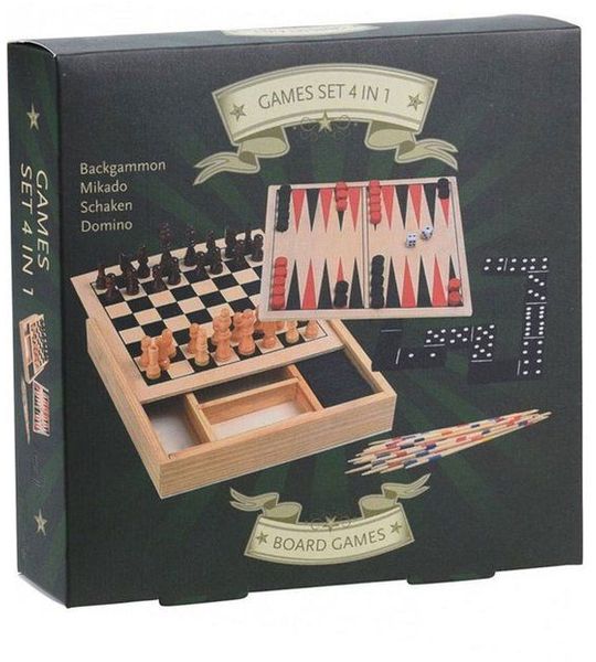 Koopman International BV Houten Spellendoos 4 in 1 - Domino Mikado - 17x17cm
