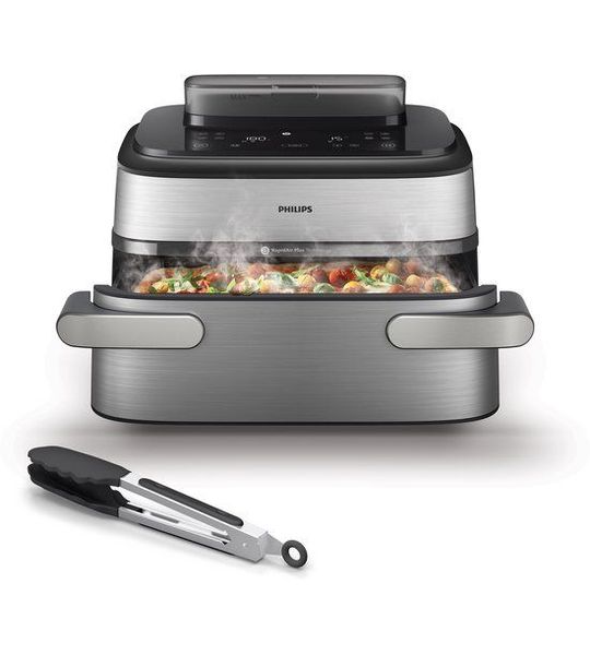 Philips Airfryer 5000-serie Megabasket Met Stoomfunctie - Na565/02 Enkele Mand Óf Dubbele Steamclean 95 L Tot 8 Personen Inclusief Tang Heteluchtfriteuse Zilver