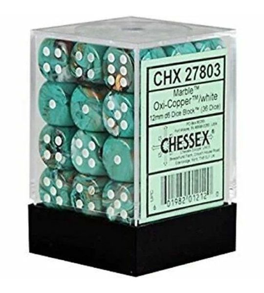 Chessex Marmer Oxi-koper/wit D6 12mm Dobbelsteenset (36 stuks)