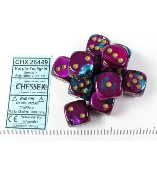 Chessex dobbelstenen set, 12 st. 6-zijdig, 16mm Gemini Purple-Teal w/gold