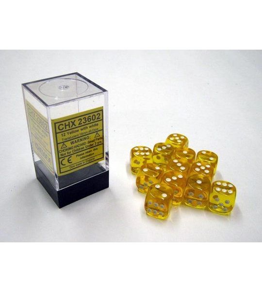 Chessex Doorschijnend Geel/wit D6 16mm Dobbelsteen Set (12 stuks)