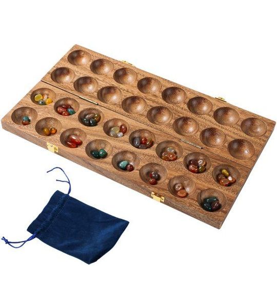 Mancala dubbel - walnoot met 75 grote edelstenen - Longfield