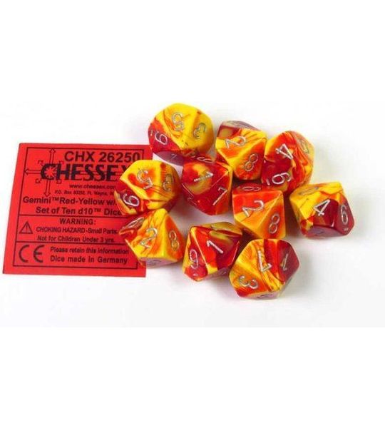 Chessex Gemini Rood-Geel/Zilver D10 Dobbelsteenset (10 stuks)