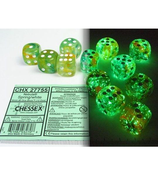 Chessex Nebula Spring/white Luminary D6 16mm Dobbelsteen Set (12 stuks)