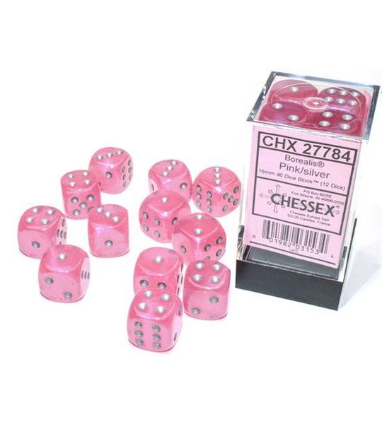 Chessex Borealis D6 16mm Roze/zilver Lichtgevende Dobbelsteen Set (12 stuks)