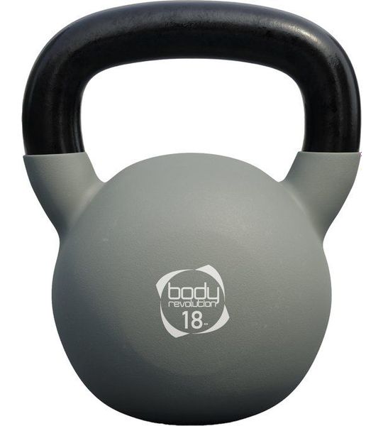 Grijze 18 kg kettlebell met platte bodem en ergonomisch handvat