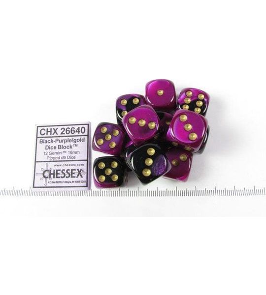 Chessex 12 x D6 Set Gemini 16mm - Black-Purple/Gold