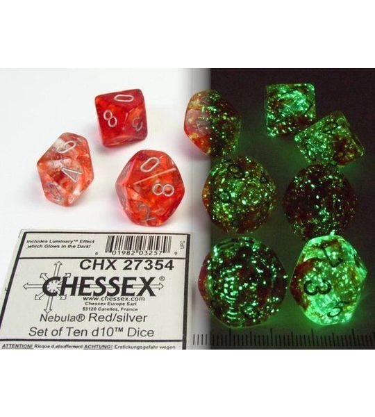 Chessex Nebula rood/zilver Luminary D10 Dobbelsteen Set (10 stuks)