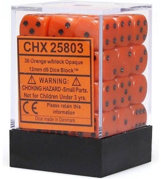 Chessex Opaque Oranje/Zwart D6 12mm Dobbelsteen Set (36 stuks)