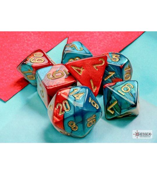 Chessex Gemini Mini-Polyhedral Red-Teal/gold Dobbelsteen Set (7 stuks)
