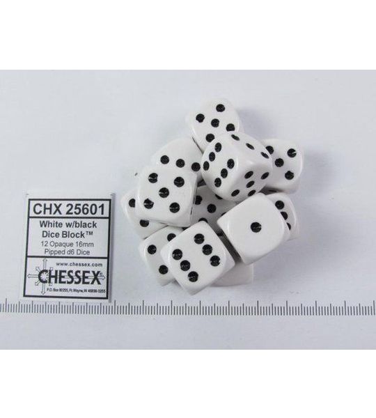 Chessex Opaque White/black D6 16mm Dobbelsteen Set (12 stuks)