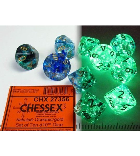 Chessex Nevel oceaan/goud Luminarium D10 Dobbelsteenset (10 stuks)