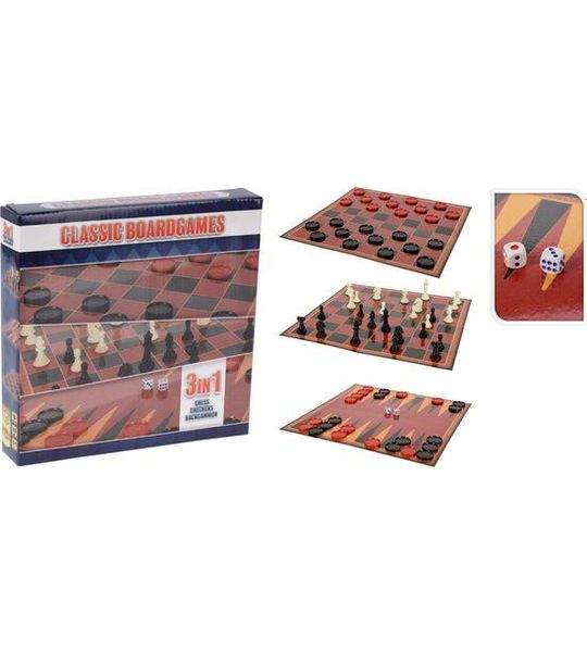 Schaakbord - Dambord - Backgammon - 3 in 1 - 23 x 23 cm