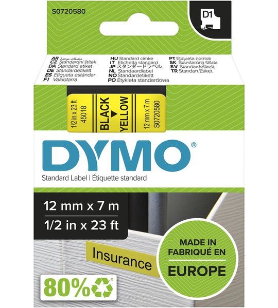 Dymo D1 Naamlabels Geel-Zwart (12 mm x 7 m) 1 Rol