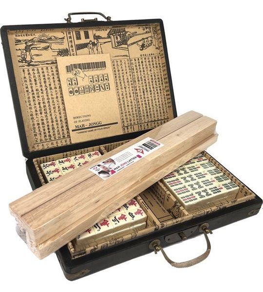 Mahjong spel - in zwarte luxe houten koffer S - met houten Mahjonglatten!