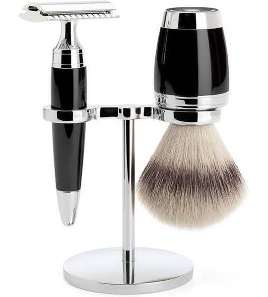 M�hle Safety Razor & Silvertip Fibre Scheerset (3-Delig) Stylo Zwart