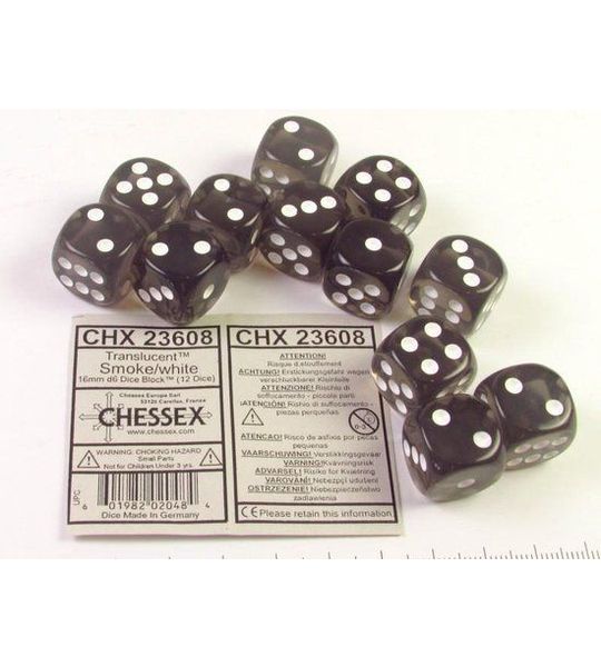 Chessex Doorschijnend Rook/wit D6 16mm Dobbelsteen Set (12 stuks)