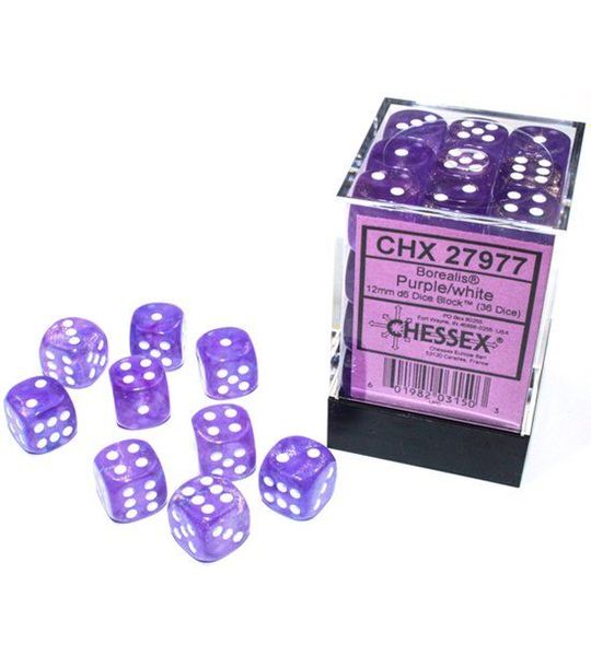 Chessex Borealis D6 12mm Paars/wit Lichtgevende Dobbelsteen Set (36 stuks)
