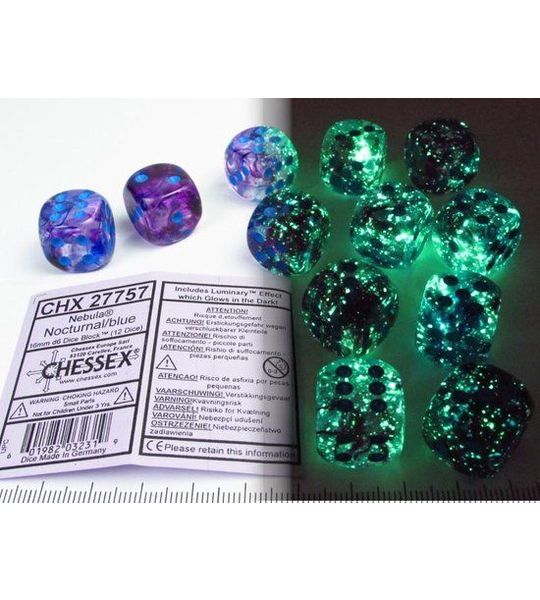 Chessex Nebula Nacht/blauw Luminary D6 16mm Dobbelsteen Set (12 stuks)
