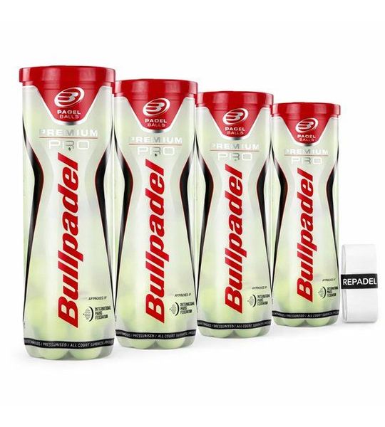 Bullpadel Premium Pro - 4 Blikken - Padelballen + 1 Repadel Pro Grip
