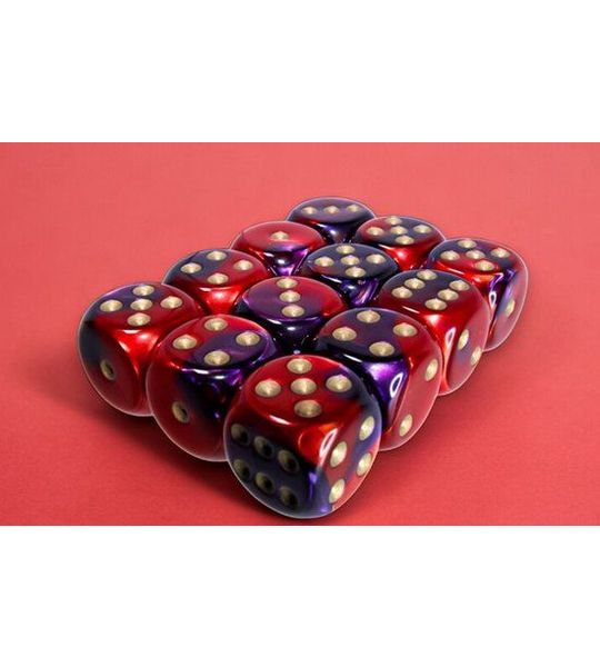 Chessex Gemini Paars-Rood/Goud D6 16mm Dobbelsteenset (12 stuks)