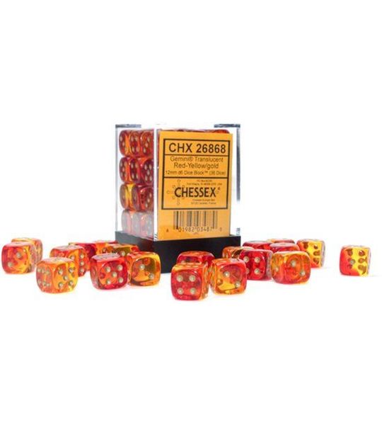 Chessex Gemini Translucent Red-Yellow/gold D6 12mm Dobbelsteen Set (36 stuks)