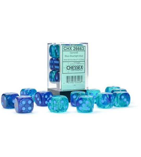 Chessex Gemini Blue-Blue/light blue Luminary D6 16mm Dobbelsteen Set (12 stuks)