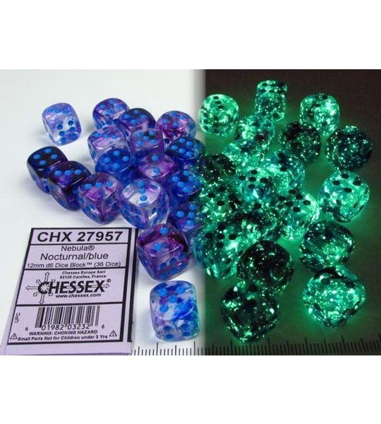 Chessex Nevel nacht/blauw Luminary D6 12mm Dobbelsteen Set (36 stuks)