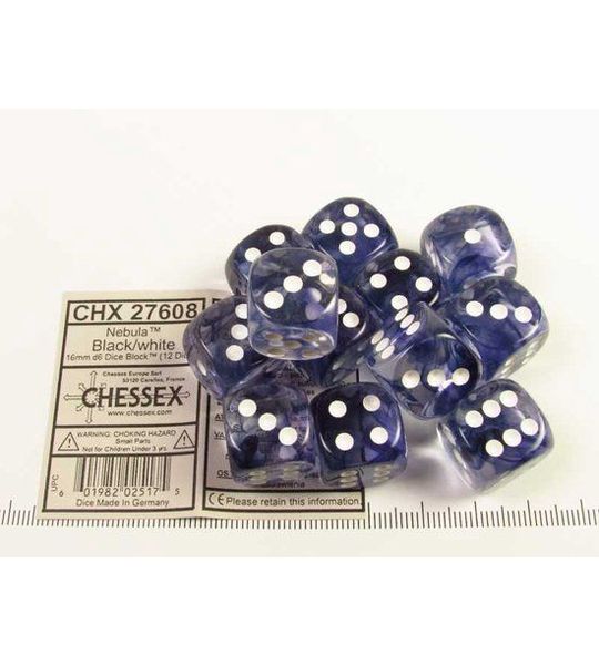 Chessex Nevel Zwart/wit D6 16mm Dobbelsteen Set (12 stuks)
