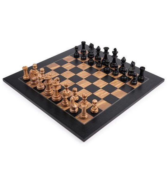 Philos schaakset deluxe zwart olive houten schaakbord 50 mm.