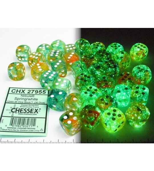 Chessex Nebula Lente/wit Luminary D6 12mm Dobbelsteen Set (36 stuks)