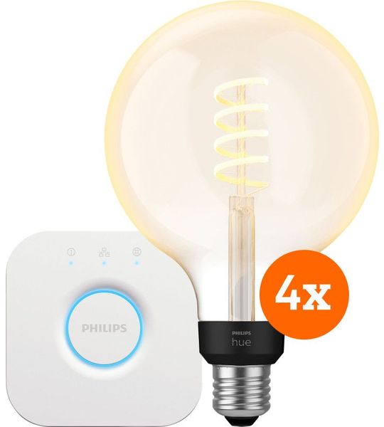 Philips Hue Filament White Ambiance Globe XL 4-Pack + Bridge