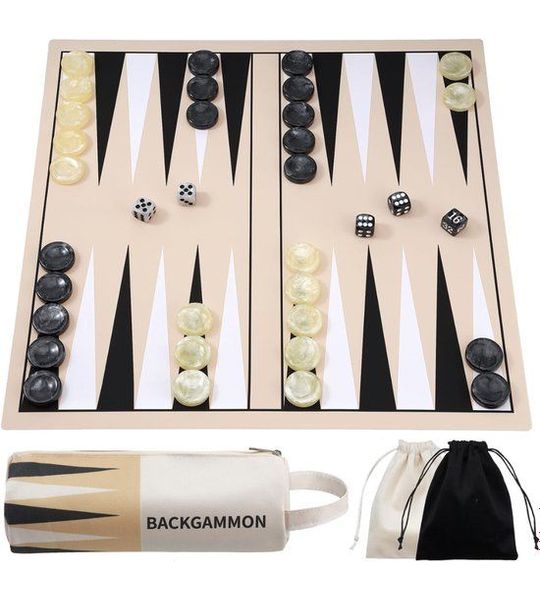 CLVP® Backgammon Koffer – Lederen Bordspel – Reisspel - Kaki met zwart