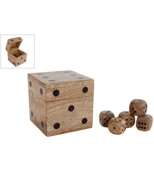 Dobbelsteen opbergdoos hout decoratief met 5 dobbelstenen 9x9x9cm.