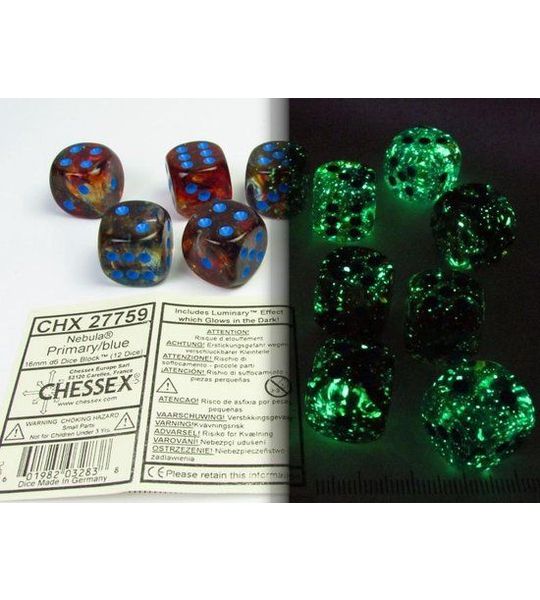 Chessex Nevel primair/blauw Luminary D6 16mm Dobbelsteenset (12 stuks)
