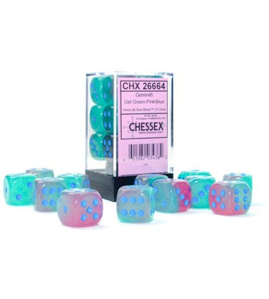 Chessex Gemini Gel Green-Pink/blue Luminary D6 16mm Dobbelsteen Set (12 stuks)