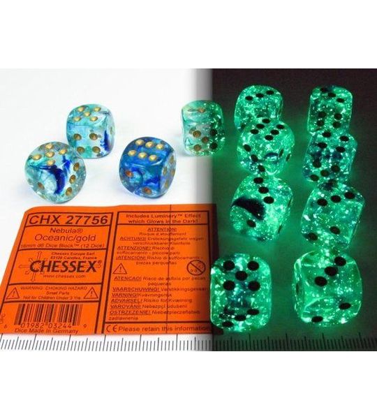 Chessex Nevel oceaan/goud Luminary D6 16mm Dobbelsteen Set (12 stuks)