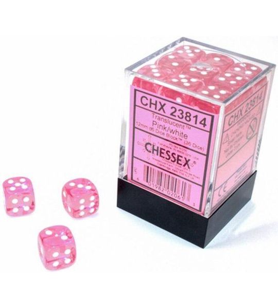 Chessex Translucent Pink/white D6 12mm Dobbelsteen Set (36 stuks)