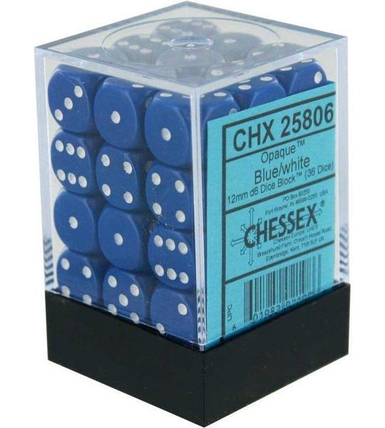 Chessex Opaak Blauw/wit D6 12mm Dobbelsteenset (36 stuks)