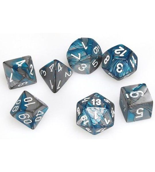Chessex Gemini Mini-Polyhedral Steel-Teal/white Dobbelsteen Set (7 stuks)